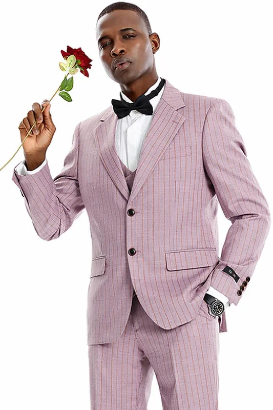 Men's formal tuxedo with satin finish for office dinner -Men's Tazio Dusty Rose Pink Vintage Pinstripe Suit w/Wide Notch Lapel