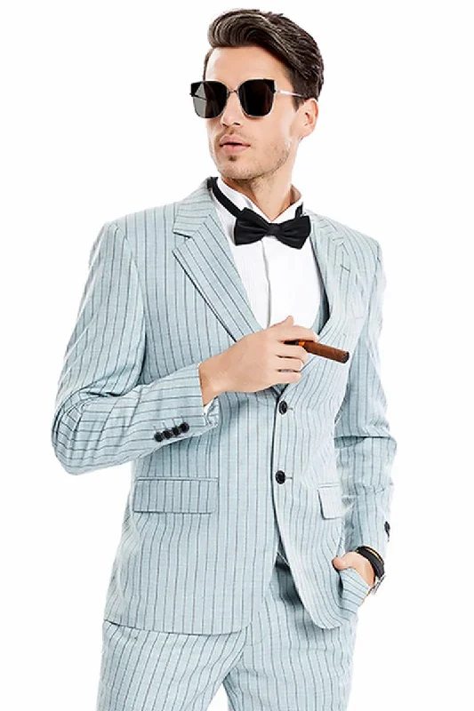 Men's wool tuxedo for corporate meeting -Men's Mint Grey Tazio Pinstripe Two-Button Vest Suit with Wide Notch Lapel