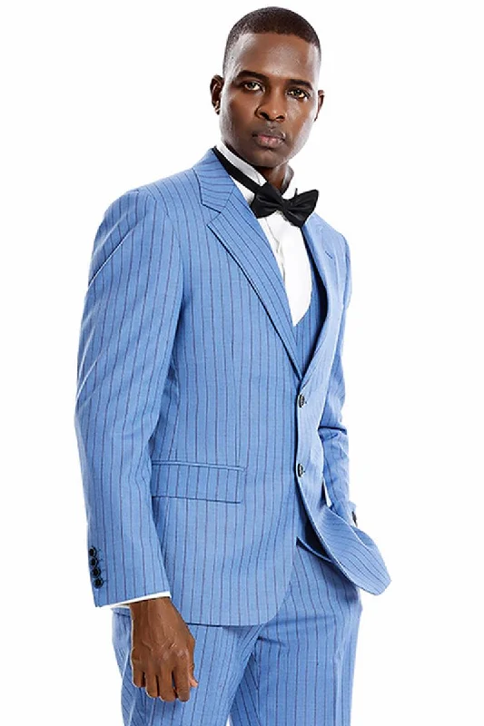 Men's slim fit tuxedo jacket for evening event -Men's Tazio Pinstripe Vested Suit w/ Wide Notch Lapel & 2 Buttons - Smoke Blue