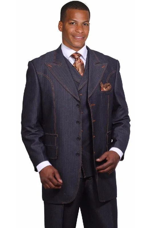 Men's luxury tuxedo jacket with satin lapels -Sophisticated Navy Blue Denim Suit by Fortino Landi - Four Button Vest & Wide Lapels.