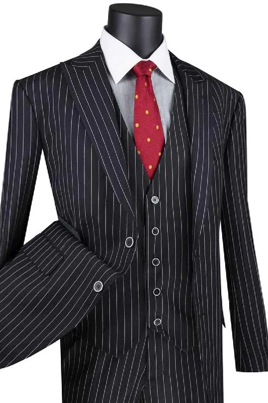 Men's luxury grey tuxedo for evening reception -Vinci: Men's Black Bold Gangster Vested Pinstripe Suit