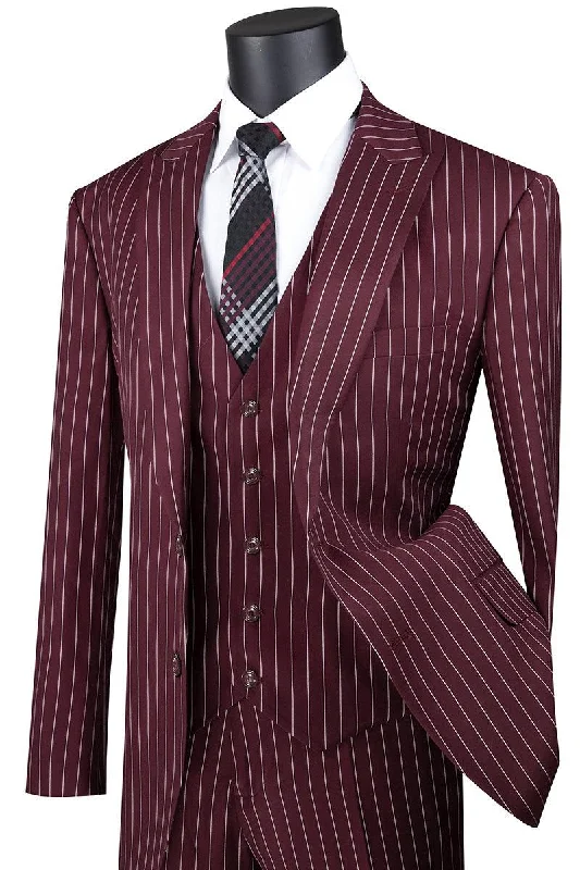 Men's designer tuxedo for formal event -Vinci Men's Vested Burgundy Gangster Pinstripe Suit