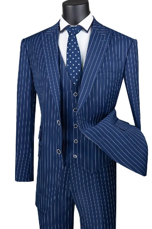 Men's slim fit tuxedo jacket for business wedding event -Vinci Men's Navy Blue Pinstripe Gangster Vested Suit