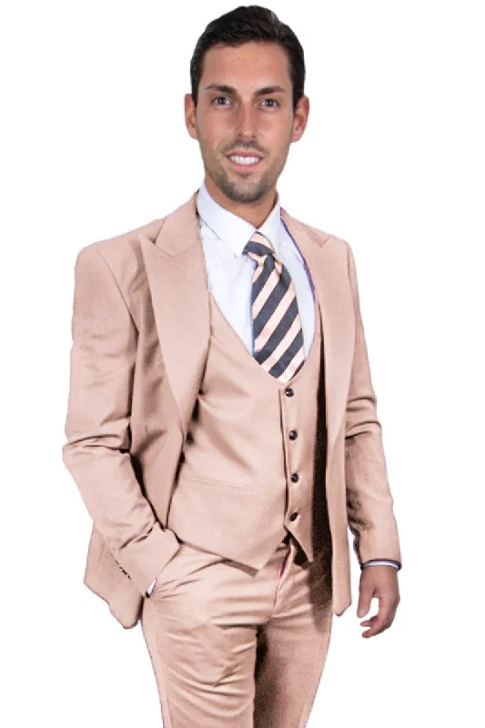 Best tuxedo for business dinner events -Men's Beige Vested Peak Lapel Stacy Adams One Button Suit