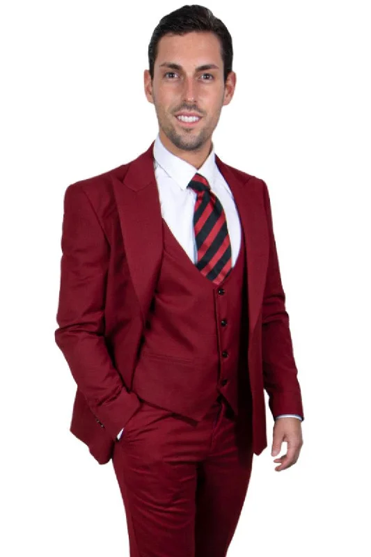 Men's modern wool tuxedo for corporate dinner -"Mens Stacy Adams Cherry Red Vested Suit w/ Peak Lapel & One Button"