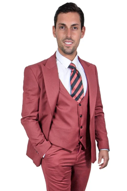 Men's slim fit tuxedo for formal gala dinner -Men's Classy Coral Blush Pink One-Button Vested Peak Lapel Stacy Adams Suit