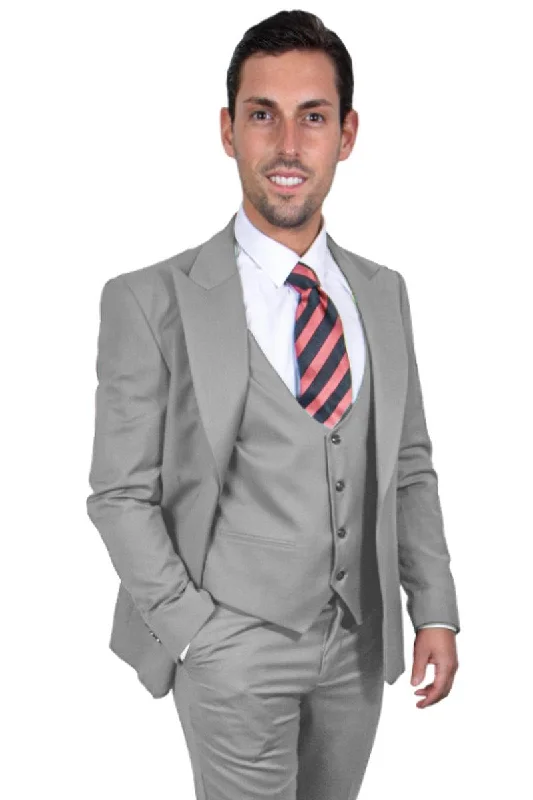 Men's formal tuxedo with satin lapels for evening -Answer: Men's Light Grey Vest One-Button Suit by Stacy Adams