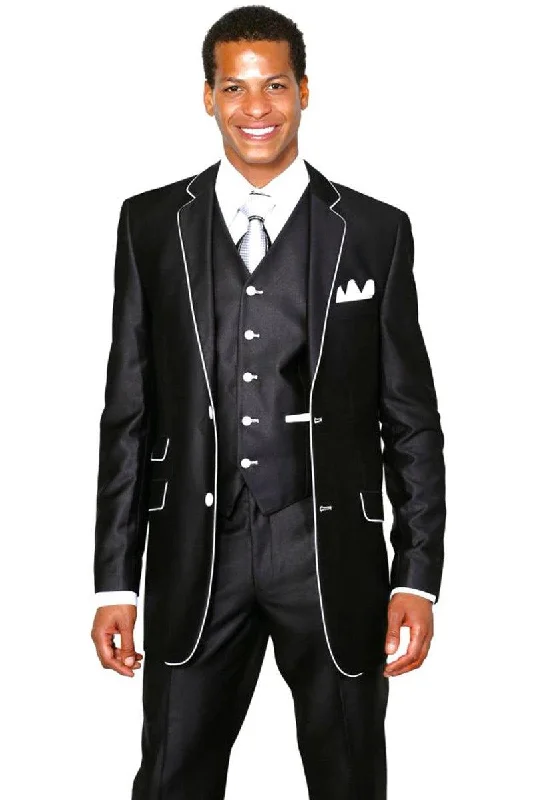 Men's formal tuxedo with satin collar for office event -"Men's Slim-Fit Shiny Sharkskin Tuxedo Suit by Fortino Landi - Black with White Piping"