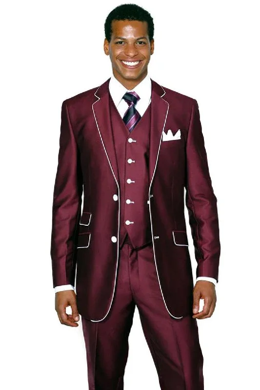 Men's premium tuxedo for business reception -Fortino Landi Men's Refined Shiny Sharkskin Burgundy Tuxedo Suit w/ White Piping