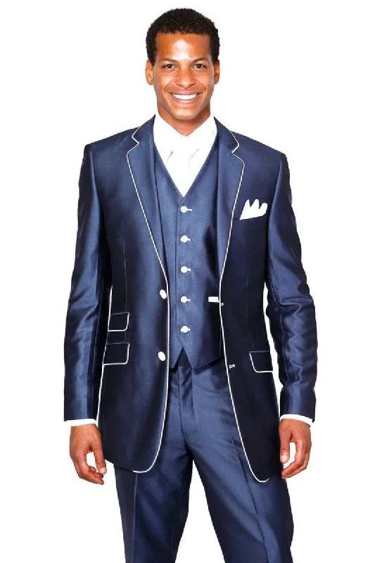 Men's elegant tuxedo jacket with satin lapels -"Fortino Landi Navy Blue Sharkskin Tuxedo with White Piping | Slim Fit Vested Suit"