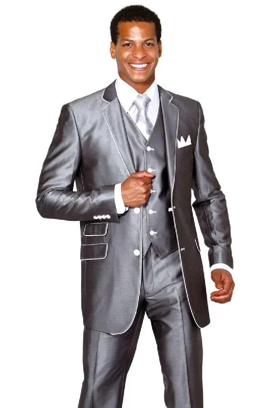 Men's designer tuxedo for wedding guests -Fortino Landi Mens Vested Shiny Sharkskin Tuxedo Suit - Slim Fit, Silver Grey/White Piping