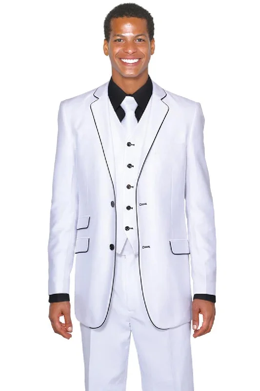 Men's slim fit tuxedo with satin finish for office -"White Sharkskin Tuxedo Suit: Fortino Landi's Vested Slim Fit with Black Piping"