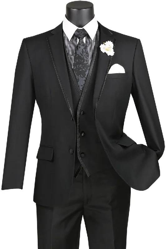 Men's designer tuxedo for evening office event -"Vinci Men's Black Vested Wedding Tuxedo: Timeless Semblance of Class"