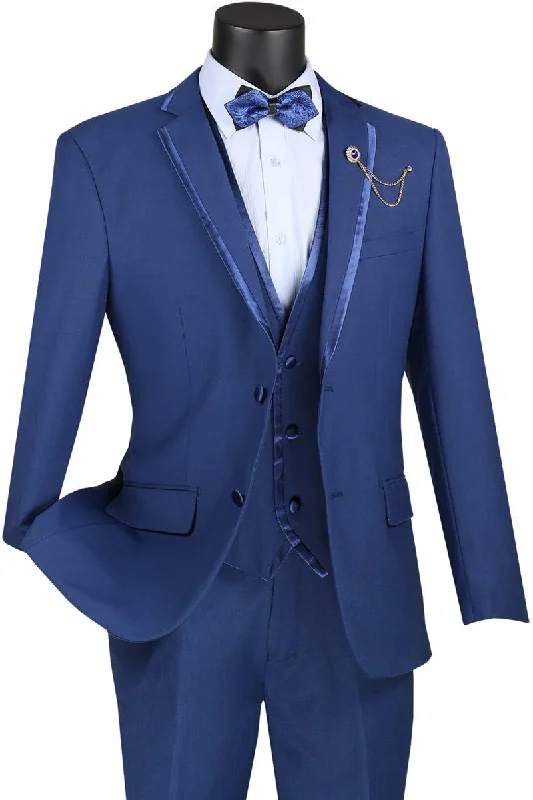 Men's luxury tuxedo for corporate meeting -Vinci Men's Blue Vested Wedding Tuxedo Trim Jacket