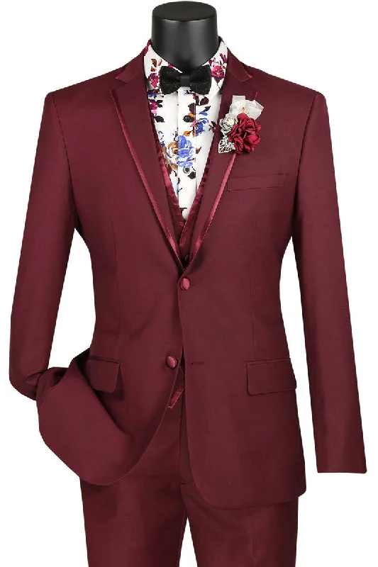 Men's wool tuxedo for formal business gathering -Vinci Men's Burgundy Tuxedo w/Vested Wedding Trim