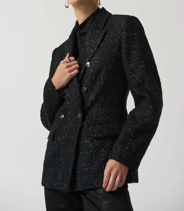 Men's slim fit tuxedo with satin finish for special occasion -Notched Collar Boucle Blazer In Black