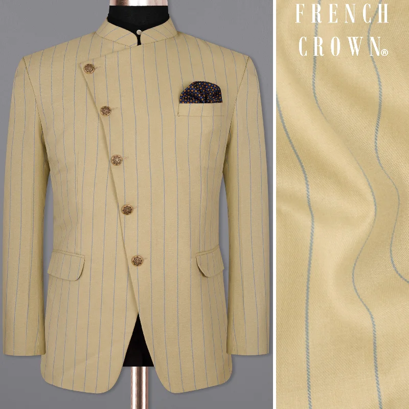 Men's designer tuxedo with satin collar for events -Pavlova Cream Striped Woolrich Cross Placket Bandhgala Blazer