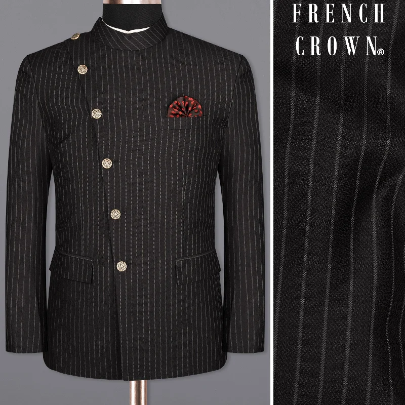 Best tuxedo for high-profile corporate gatherings -Piano Black Striped Cross Placket Woolrich Bandhgala Blazer