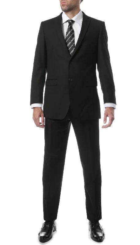 Men's designer navy tuxedo for office party -Premium FNL22R Mens 2 Button Regular Fit Black Suit