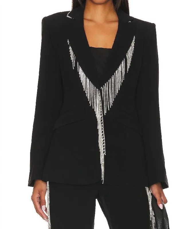 Men's tailored tuxedo jacket for business dinner event -Rhinestone Fringe Embellished Cheyenne Blazer In Black