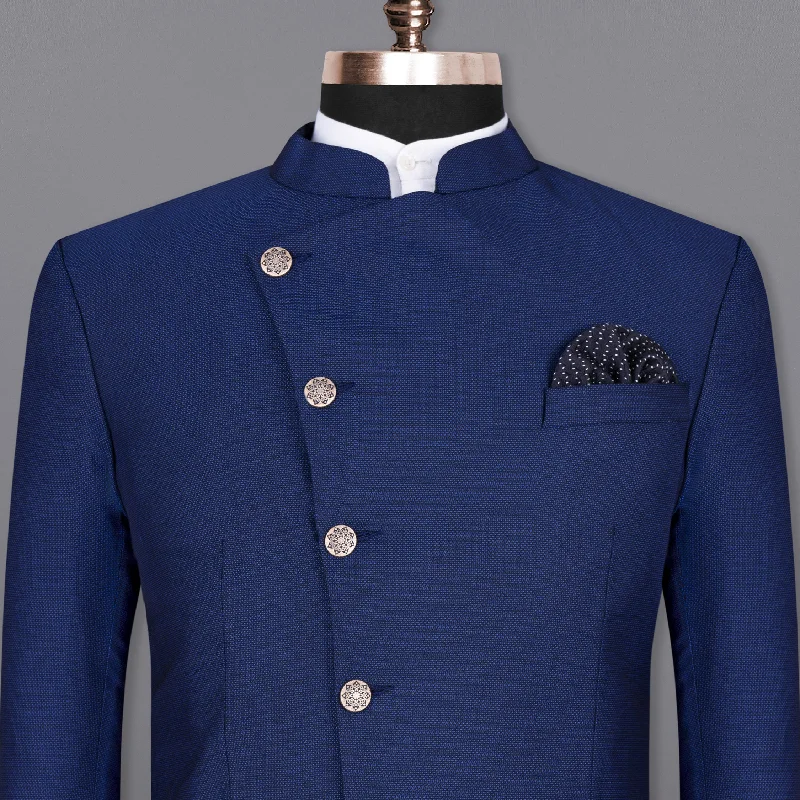 Men's luxury tuxedo jacket for evening reception -Royal Blue Cross Placket Bandhgala Wool rich Blazer