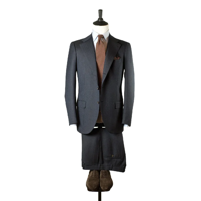 Men's designer tuxedo jacket for wedding guests -Steel blue herringbone P&B Universal suit, 15/16 oz wool