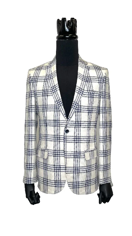 Men's luxury grey tuxedo for formal dinner -Tan With Light Blue Plaid Pattern Sport Coat vercini