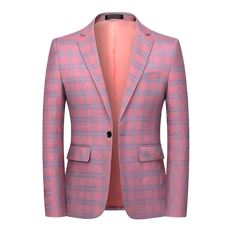 Men's modern tuxedo jacket for business gala -The Alain Plaid Slim Fit Blazer Suit Jacket - Salmon