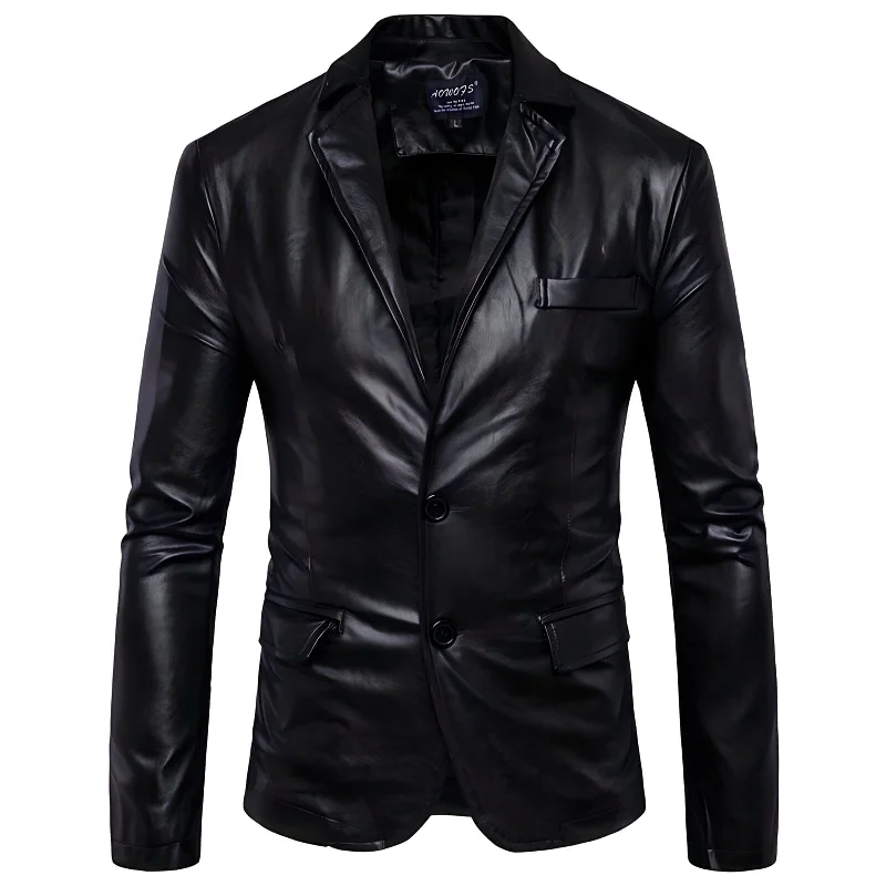 Men's tailored tuxedo jacket for wedding dinner -The Constantine Slim Fit Faux Leather Blazer Suit Jacket - Black