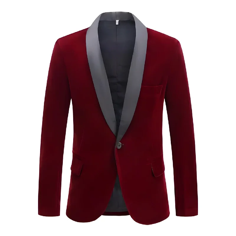 Men's luxury grey tuxedo jacket for evening events -The Xavier Slim Fit Velvet Blazer Suit Jacket - Oxblood