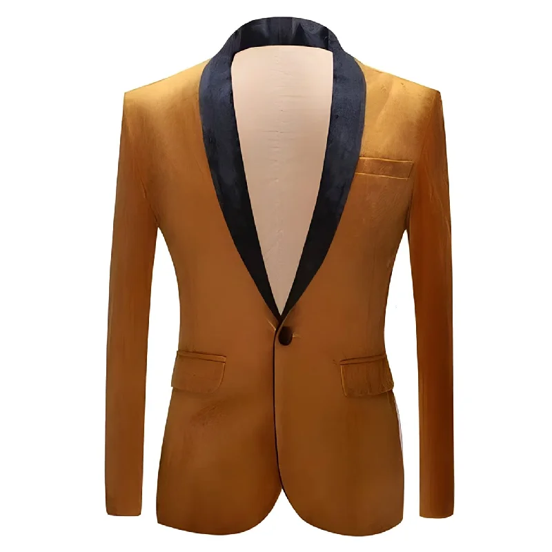 Men's tailored tuxedo for formal wedding event -The Xavier Velvet Slim Fit Blazer Suit Jacket - Amber