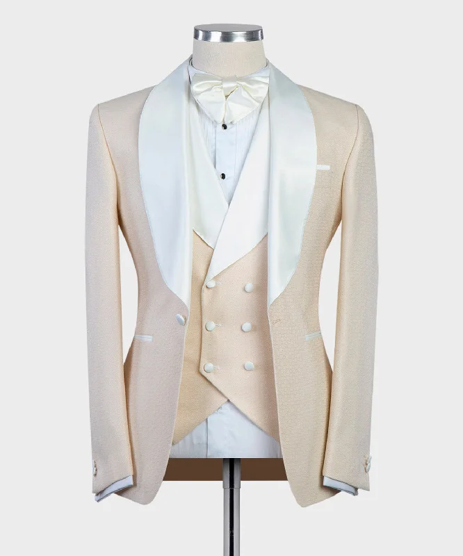 Men's business tuxedo for wedding guests -Three Piece Men's Beige Tuxedo