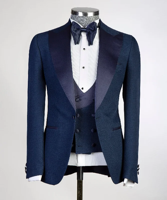 Men's classic tuxedo jacket with satin collar for business -Three Piece Mens Navy Tuxedo