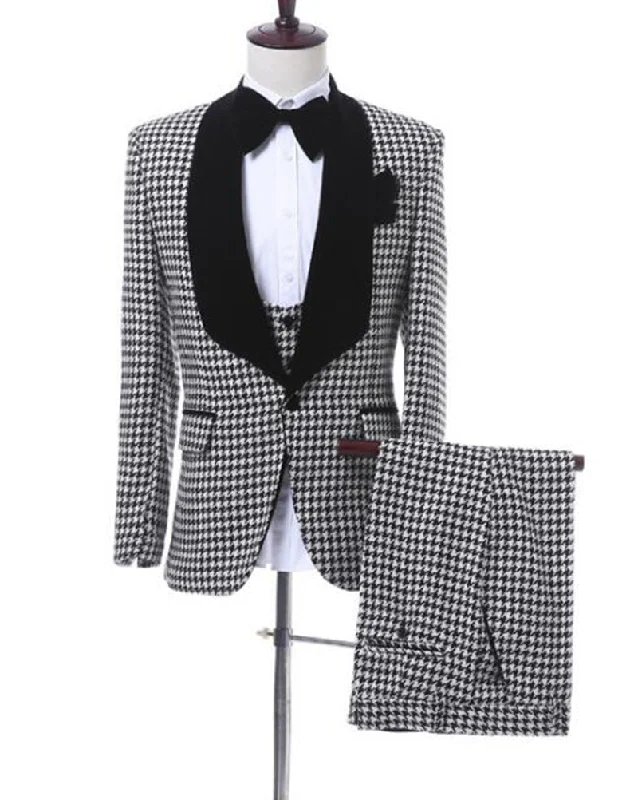 Men's designer tuxedo for formal business events -Three Pieces Houndstooth Tuxedo Wedding Suit for Men CB685