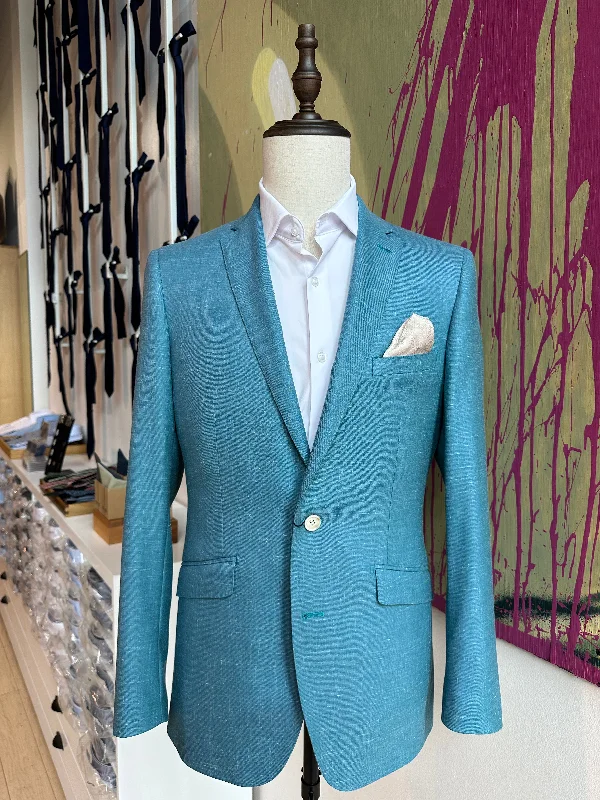 Men's slim fit tuxedo jacket for office wedding event -Turquoise Linen Blend Premium Blazer