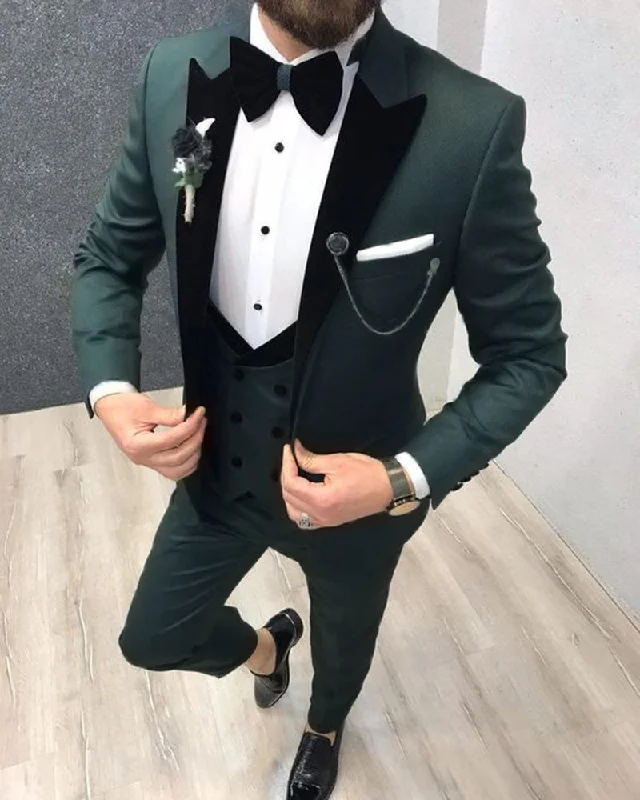 Men's slim fit tuxedo jacket for office dinner party -Velvet Lapel Dark Olive Green Wedding Tuxedo /Suits For Goomsmen 3 Pieces CB8785