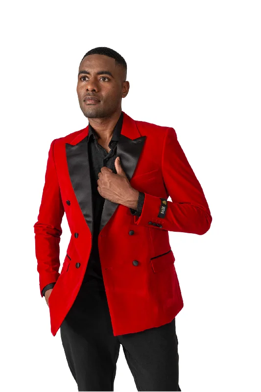 Men's grey wool tuxedo for evening business events -Double Breasted Velvet Blazer -Red