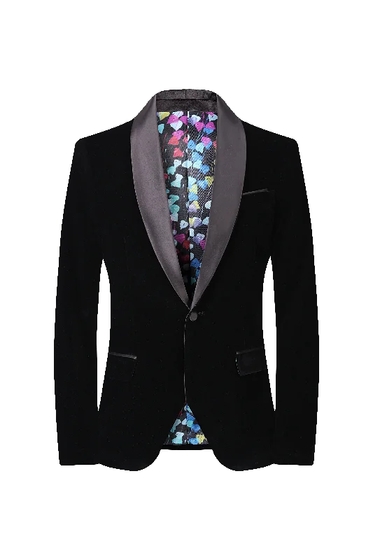 Men's luxury tuxedo jacket for wedding event -Velvet Shall Lapel Blazer - Black