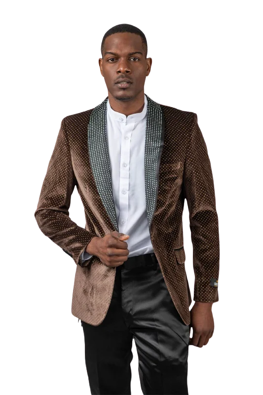 Men's business tuxedo with satin finish for gala -Velvet Texture Sport Coat -Brown