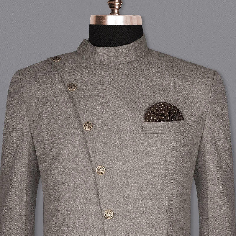 Men's designer tuxedo jacket with satin collar for wedding -Venus Gray Subtle Plaid Cross Placket Wool Rich Bandhgala Blazer