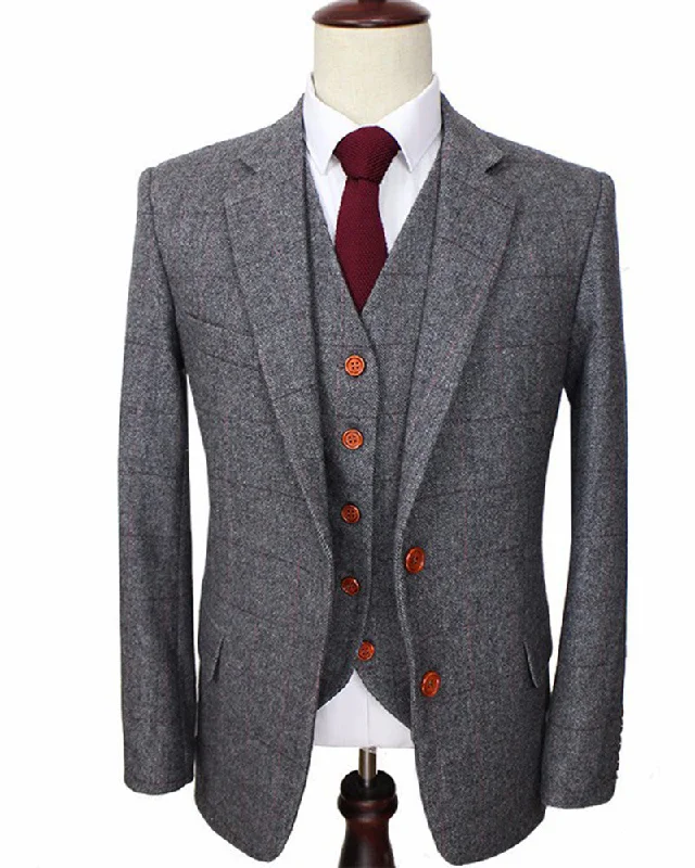 Men's wool tuxedo jacket for evening office party -Wool Grey Tweed British  custom made Sports Suits for Men  wedding Groom suits 3  piece CB102101