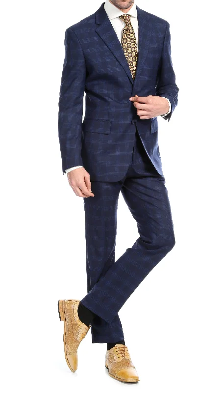 Men's designer tuxedo for business gala -Yves Navy Blue Plaid Check Men's Premium 2pc Premium Wool Slim Fit Suit