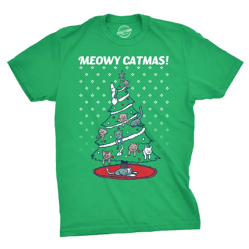 Men’s light cotton plaid shirt for office -Meowy Christmas Cat Tree Ugly Christmas Sweater Men's T Shirt